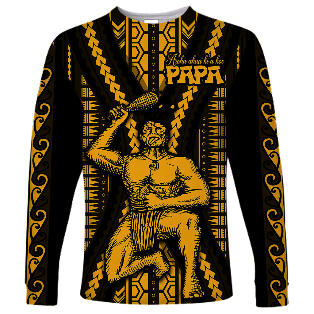 Aotearoa Father's Day Gift For Dad Long Sleeve Shirt Aroha Ahau Ki A Koe Papa - Gold Maori Style Pattern - Wonder Print Shop