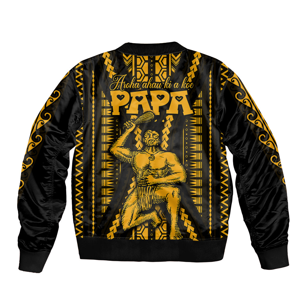 Aotearoa Father's Day Gift For Dad Sleeve Zip Bomber Jacket Aroha Ahau Ki A Koe Papa - Gold Maori Style Pattern - Wonder Print Shop