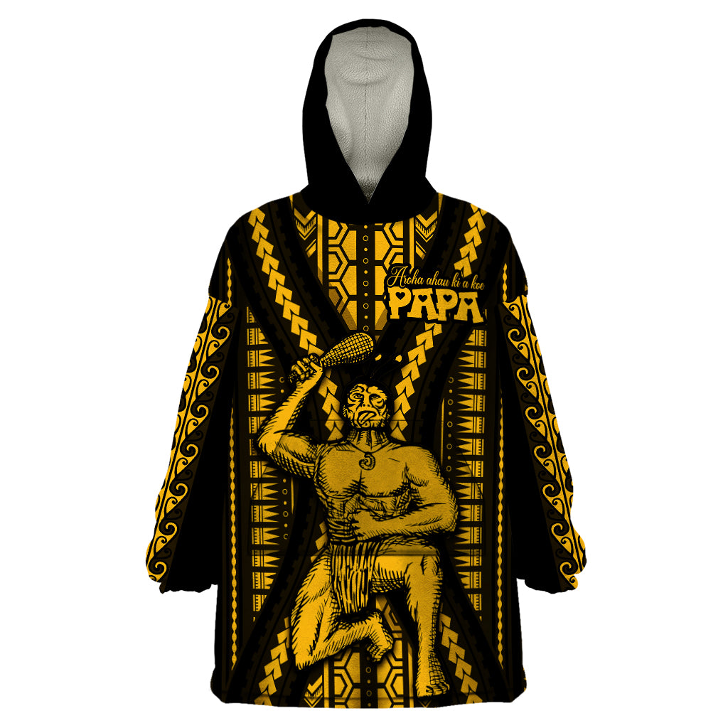 Aotearoa Father's Day Gift For Dad Wearable Blanket Hoodie Aroha Ahau Ki A Koe Papa - Gold Maori Style Pattern - Wonder Print Shop
