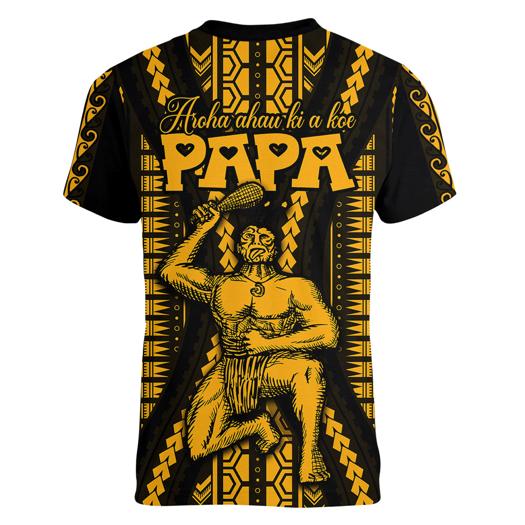 Aotearoa Father's Day Gift For Dad Women V Neck T Shirt Aroha Ahau Ki A Koe Papa - Gold Maori Style Pattern - Wonder Print Shop
