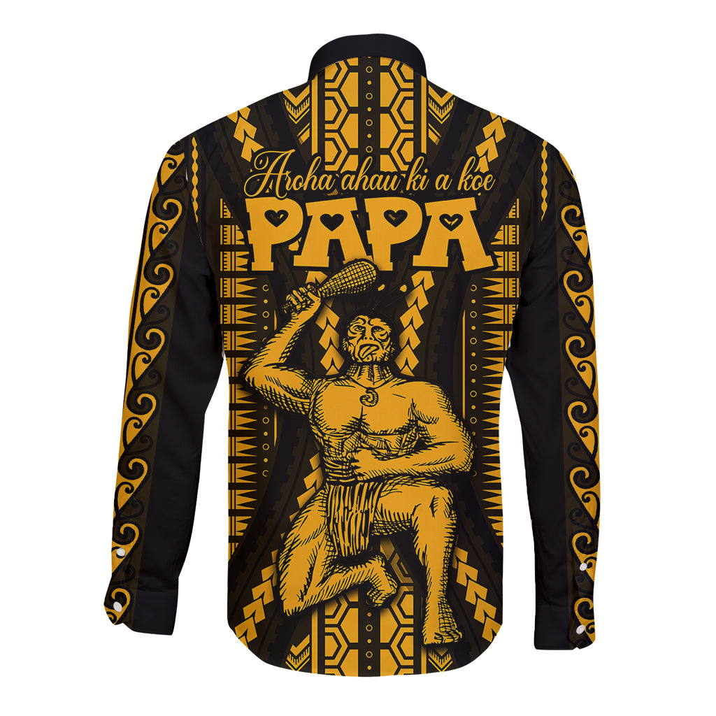 Personalised Aotearoa Father's Day Gift For Dad Long Sleeve Button Shirt Aroha Ahau Ki A Koe Papa - Gold Maori Style Pattern - Wonder Print Shop
