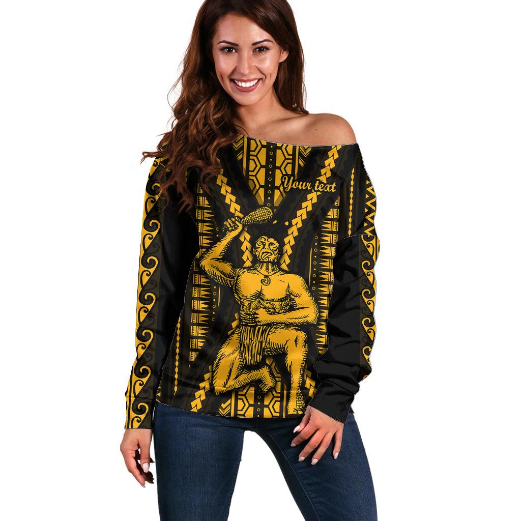 Personalised Aotearoa Father's Day Gift For Dad Off Shoulder Sweater Aroha Ahau Ki A Koe Papa - Gold Maori Style Pattern - Wonder Print Shop