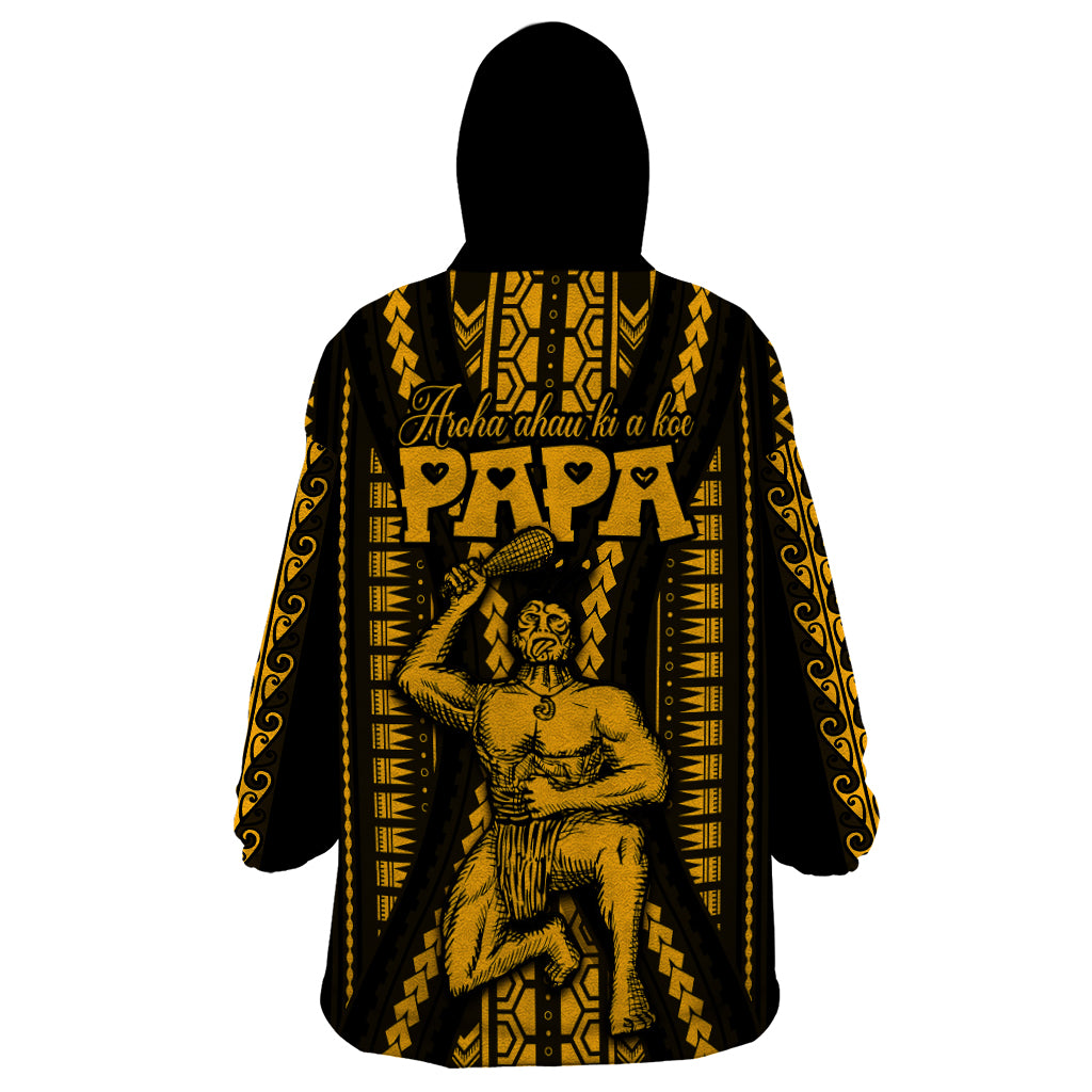 Personalised Aotearoa Father's Day Gift For Dad Wearable Blanket Hoodie Aroha Ahau Ki A Koe Papa - Gold Maori Style Pattern - Wonder Print Shop