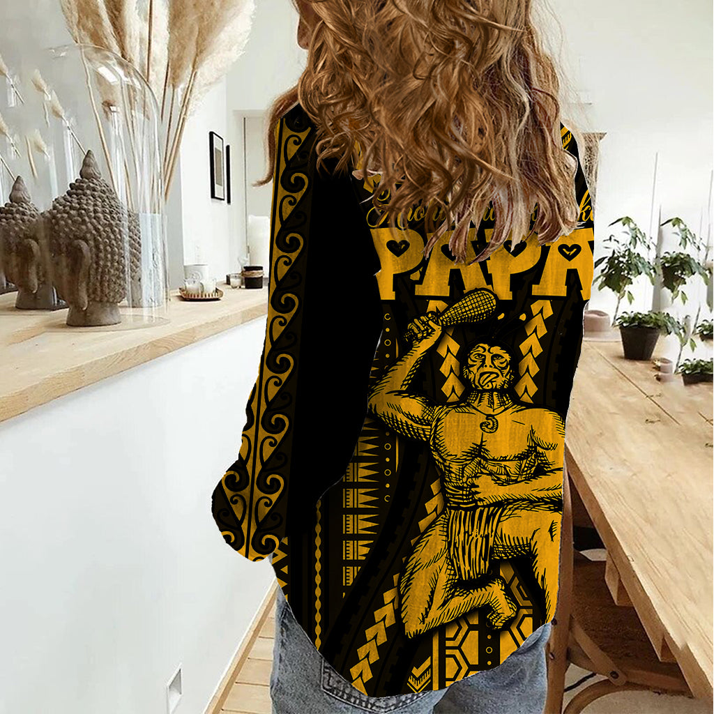 Personalised Aotearoa Father's Day Gift For Dad Women Casual Shirt Aroha Ahau Ki A Koe Papa - Gold Maori Style Pattern - Wonder Print Shop