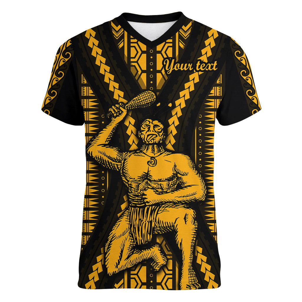 Personalised Aotearoa Father's Day Gift For Dad Women V Neck T Shirt Aroha Ahau Ki A Koe Papa - Gold Maori Style Pattern - Wonder Print Shop