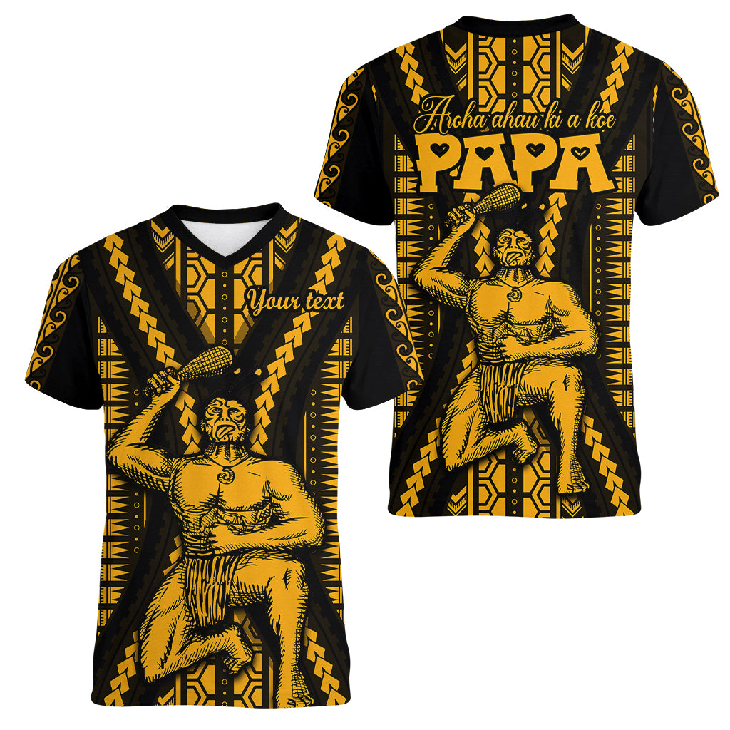 Personalised Aotearoa Father's Day Gift For Dad Women V Neck T Shirt Aroha Ahau Ki A Koe Papa - Gold Maori Style Pattern - Wonder Print Shop