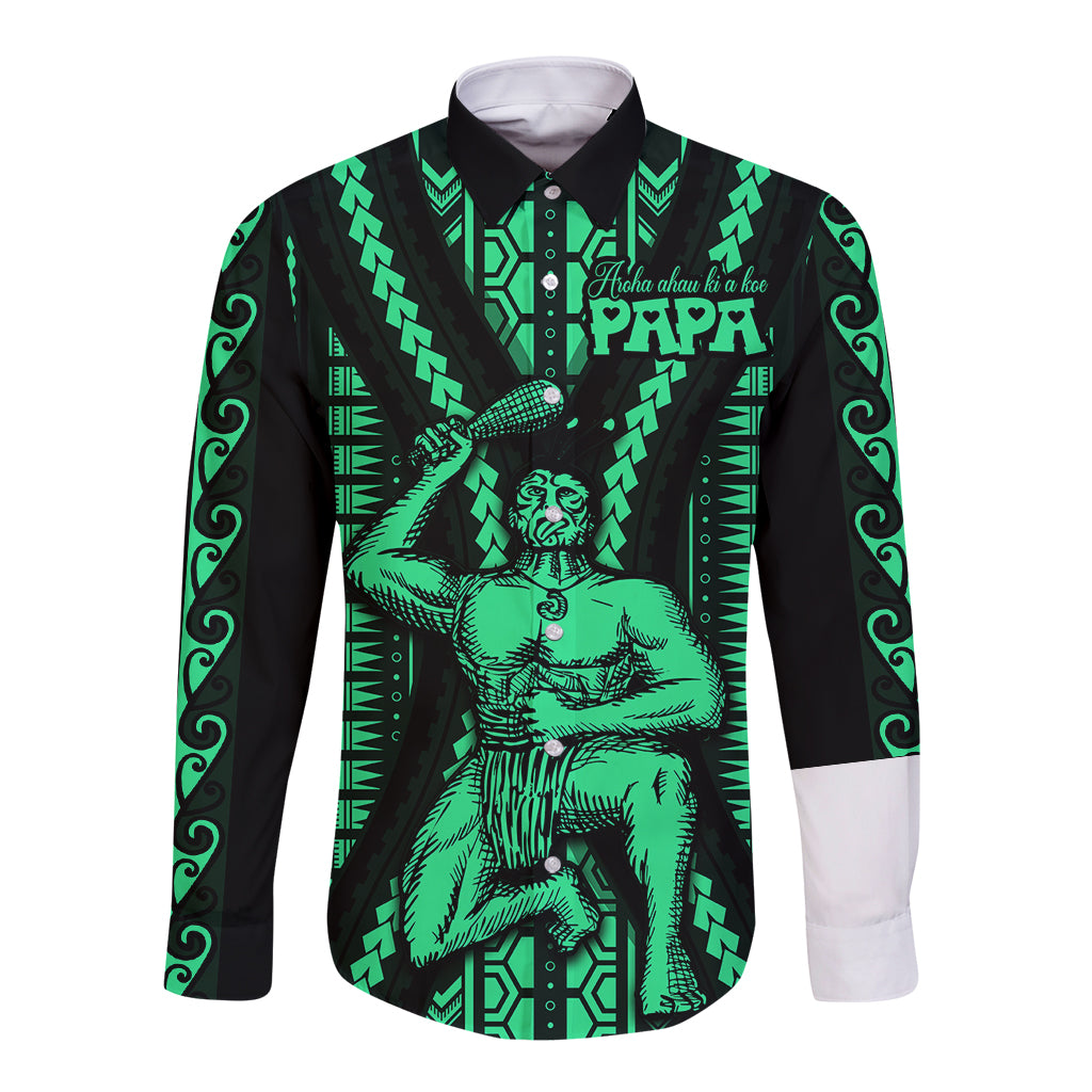 Maori Fathers Day New Zealand Long Sleeve Button Shirt Aroha Ahau Ki A Koe Papa - Green - Wonder Print Shop