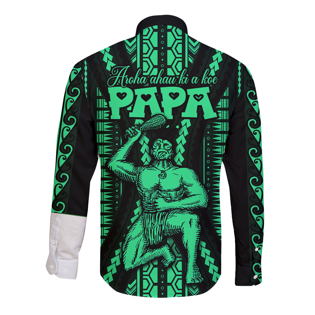 Maori Fathers Day New Zealand Long Sleeve Button Shirt Aroha Ahau Ki A Koe Papa - Green - Wonder Print Shop