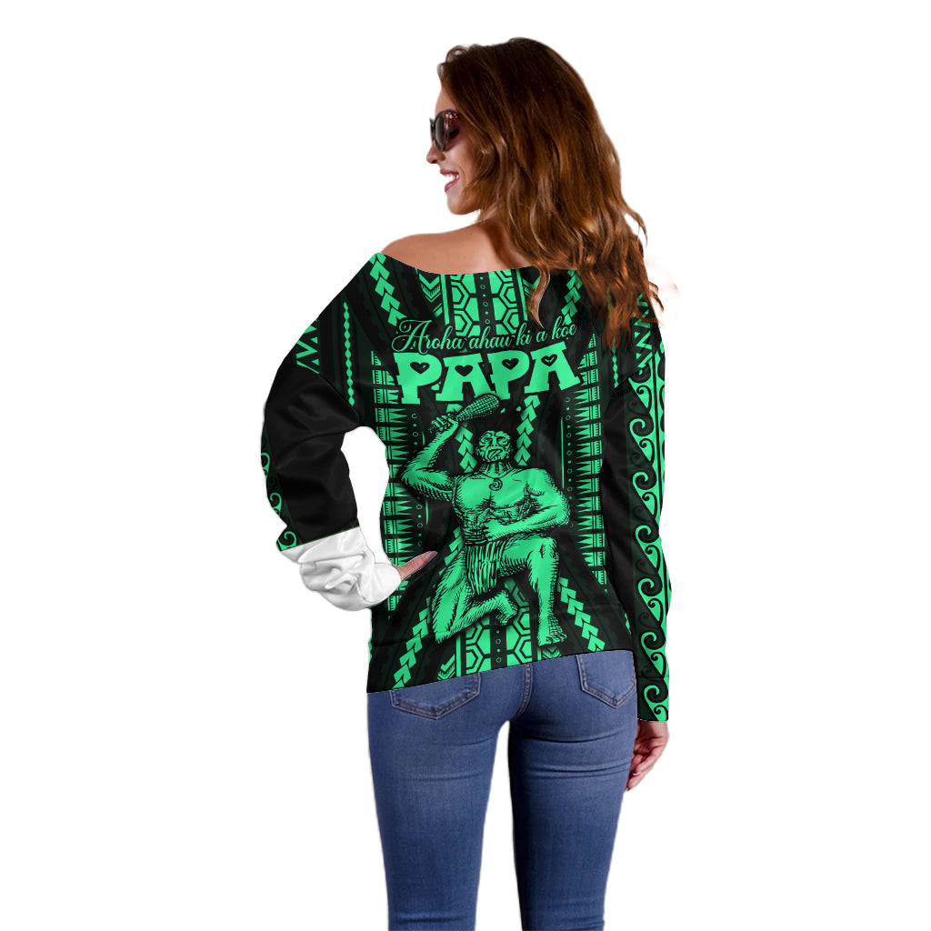 Maori Fathers Day New Zealand Off Shoulder Sweater Aroha Ahau Ki A Koe Papa - Green - Wonder Print Shop
