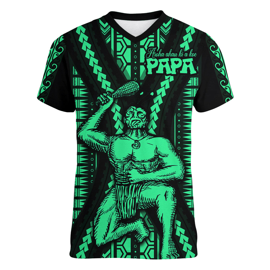 Maori Fathers Day New Zealand Women V Neck T Shirt Aroha Ahau Ki A Koe Papa - Green - Wonder Print Shop