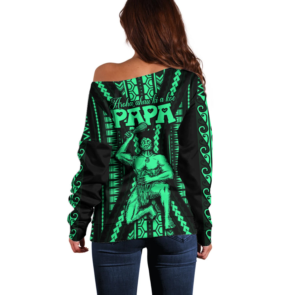 Custom Maori Fathers Day New Zealand Off Shoulder Sweater Aroha Ahau Ki A Koe Papa - Green - Wonder Print Shop