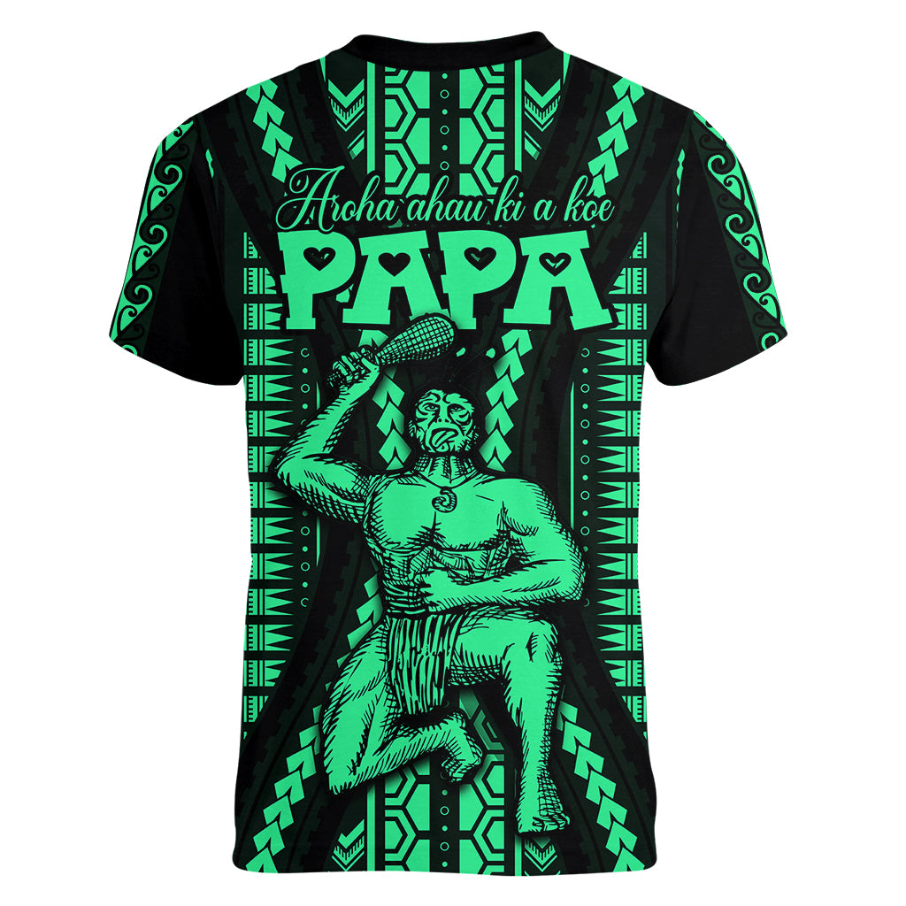 Custom Maori Fathers Day New Zealand Women V Neck T Shirt Aroha Ahau Ki A Koe Papa - Green - Wonder Print Shop