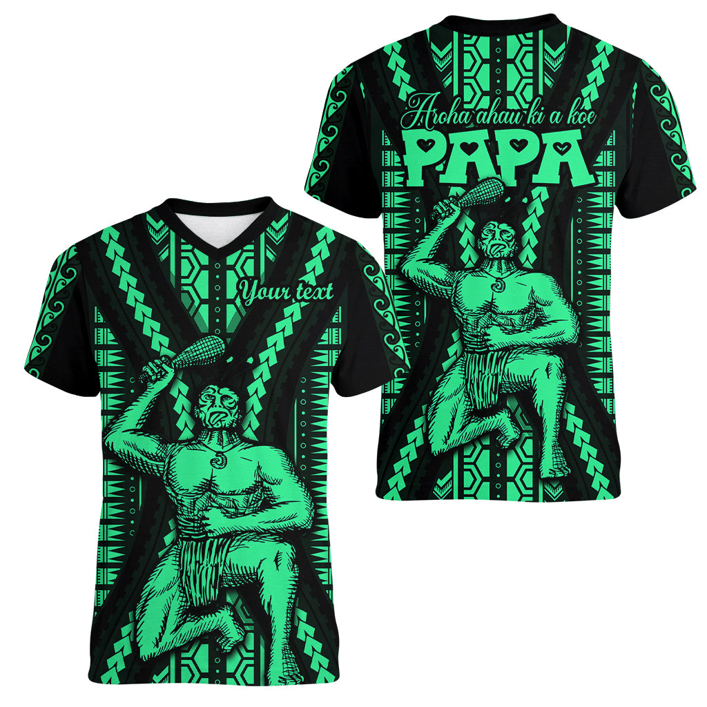 Custom Maori Fathers Day New Zealand Women V Neck T Shirt Aroha Ahau Ki A Koe Papa - Green - Wonder Print Shop