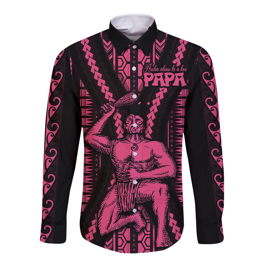 Maori Fathers Day New Zealand Long Sleeve Button Shirt Aroha Ahau Ki A Koe Papa - Pink - Wonder Print Shop
