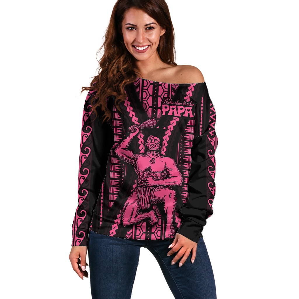 Maori Fathers Day New Zealand Off Shoulder Sweater Aroha Ahau Ki A Koe Papa - Pink - Wonder Print Shop