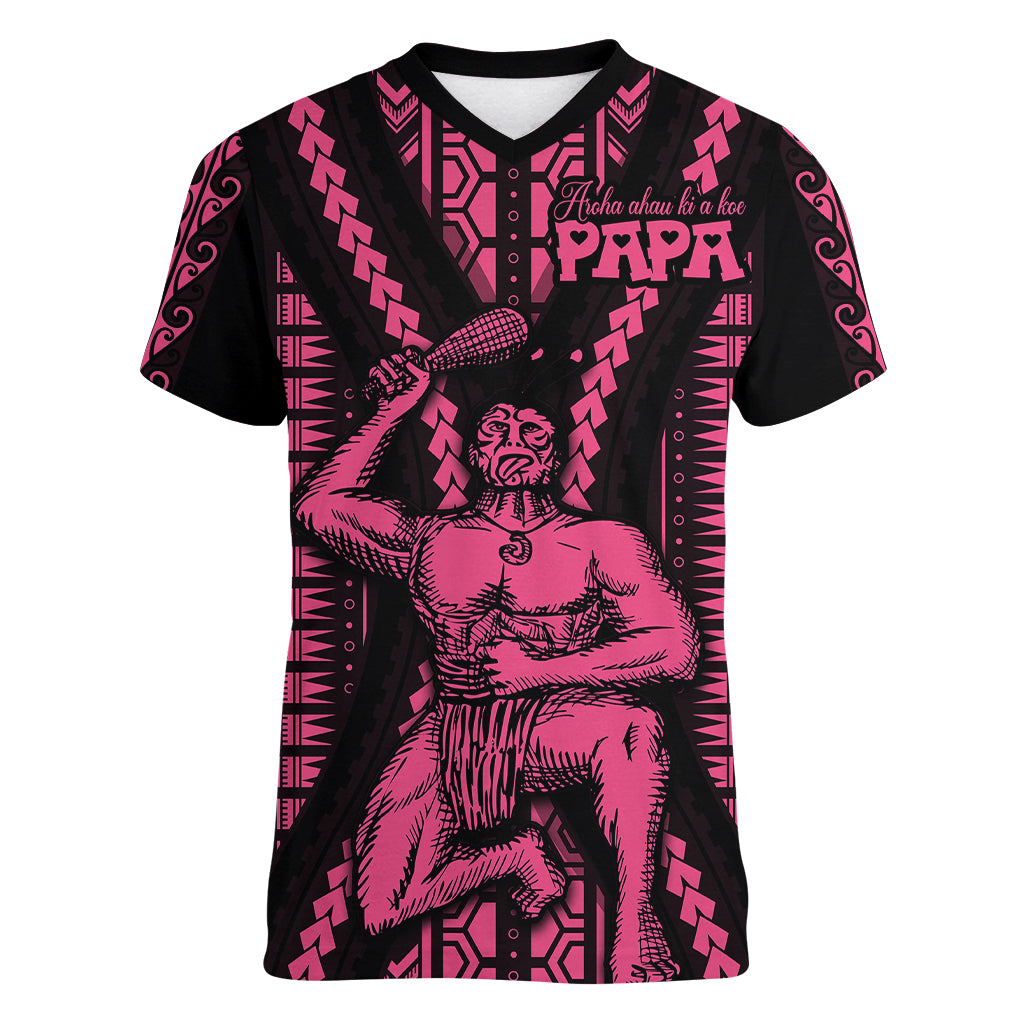 Maori Fathers Day New Zealand Women V Neck T Shirt Aroha Ahau Ki A Koe Papa - Pink - Wonder Print Shop