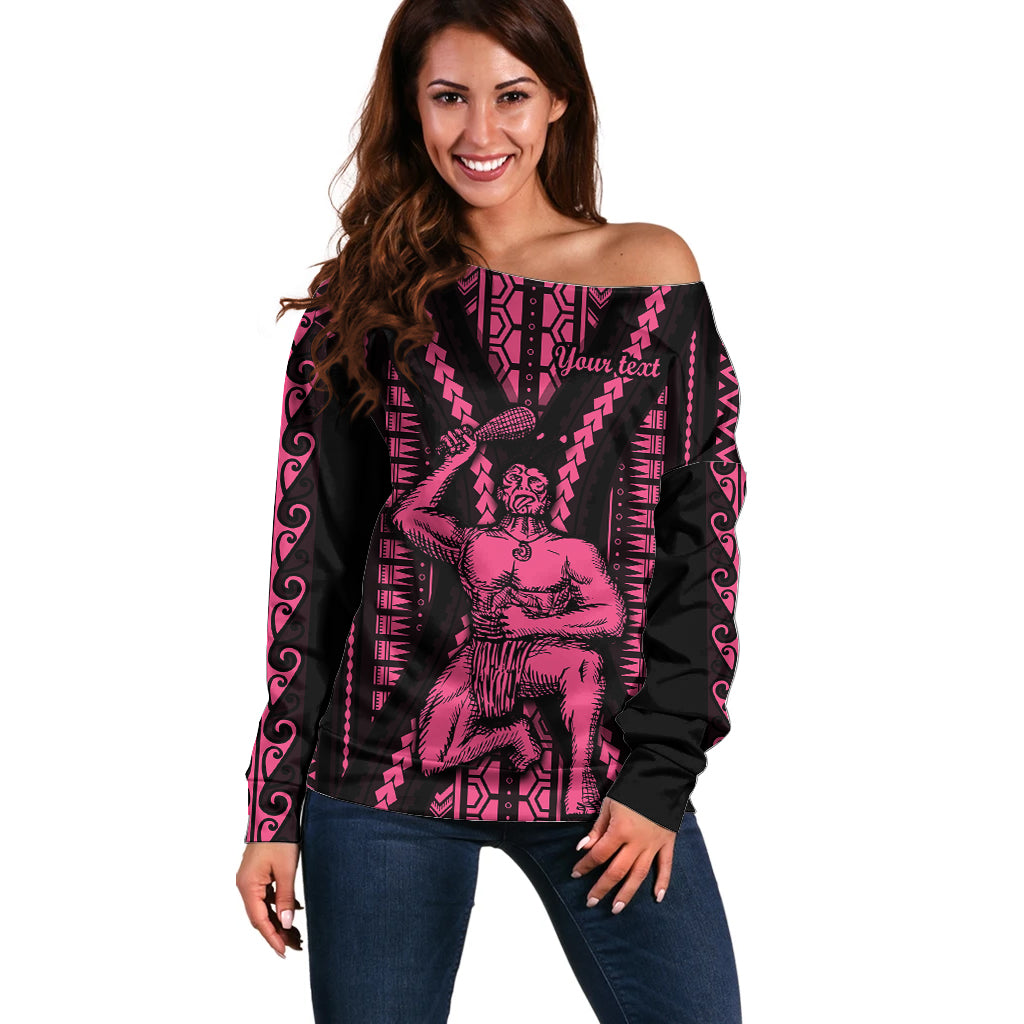 Custom Maori Fathers Day New Zealand Off Shoulder Sweater Aroha Ahau Ki A Koe Papa - Pink - Wonder Print Shop
