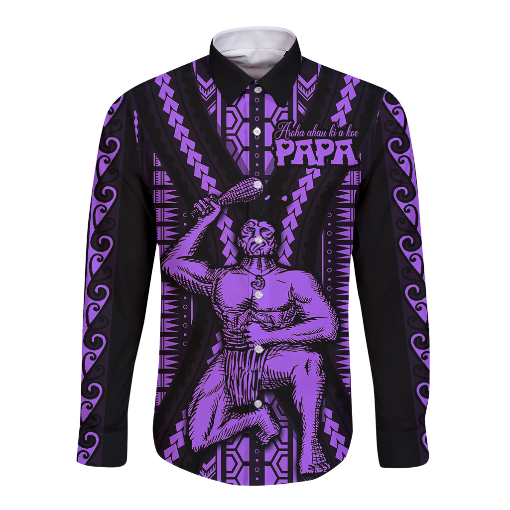 Maori Fathers Day New Zealand Long Sleeve Button Shirt Aroha Ahau Ki A Koe Papa - Purple - Wonder Print Shop
