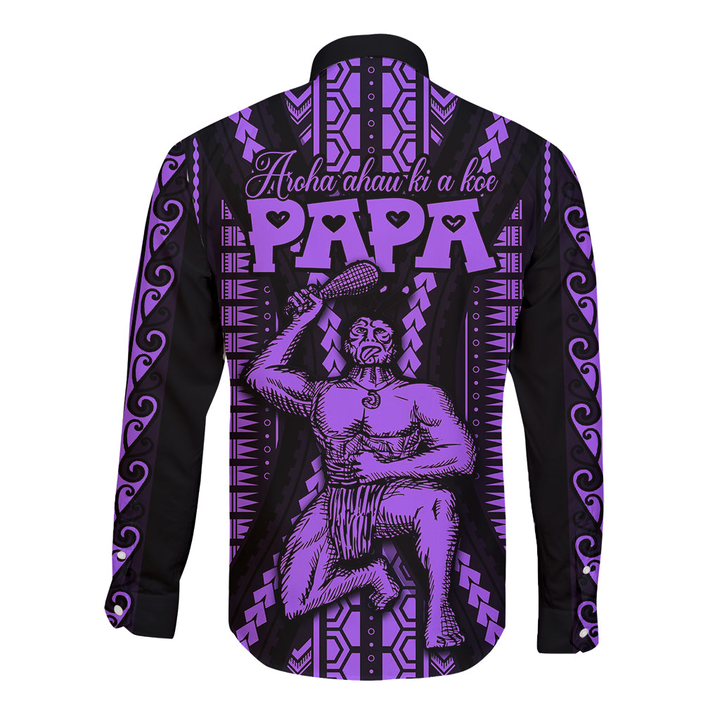 Custom Maori Fathers Day New Zealand Long Sleeve Button Shirt Aroha Ahau Ki A Koe Papa - Purple - Wonder Print Shop