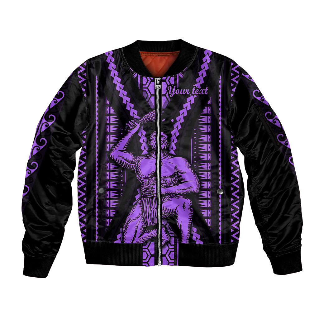 Custom Maori Fathers Day New Zealand Sleeve Zip Bomber Jacket Aroha Ahau Ki A Koe Papa - Purple - Wonder Print Shop