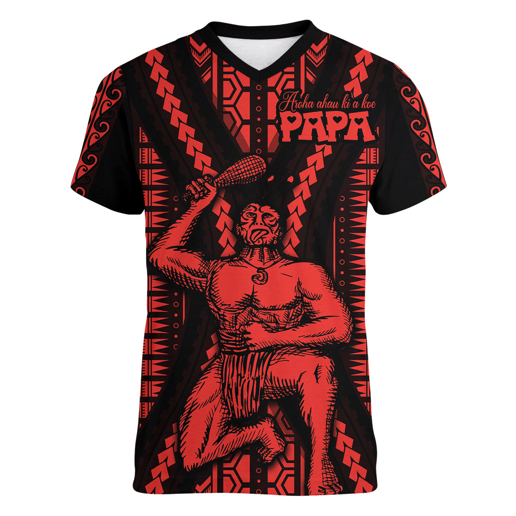 Maori Fathers Day New Zealand Women V Neck T Shirt Aroha Ahau Ki A Koe Papa - Red - Wonder Print Shop