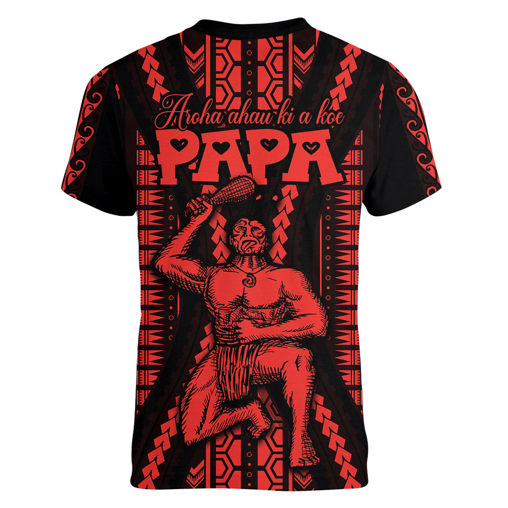 Custom Maori Fathers Day New Zealand Women V Neck T Shirt Aroha Ahau Ki A Koe Papa - Red - Wonder Print Shop