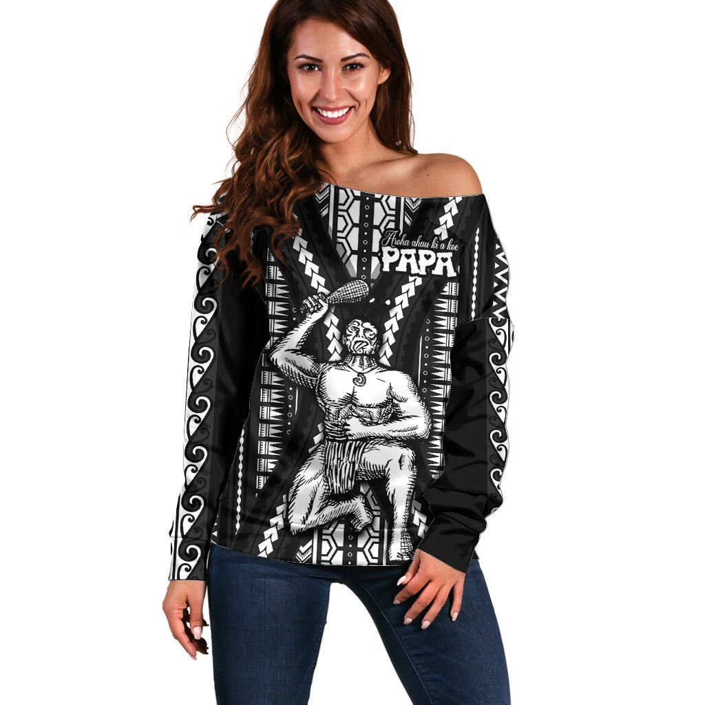 Maori Fathers Day New Zealand Off Shoulder Sweater Aroha Ahau Ki A Koe Papa - Black - Wonder Print Shop