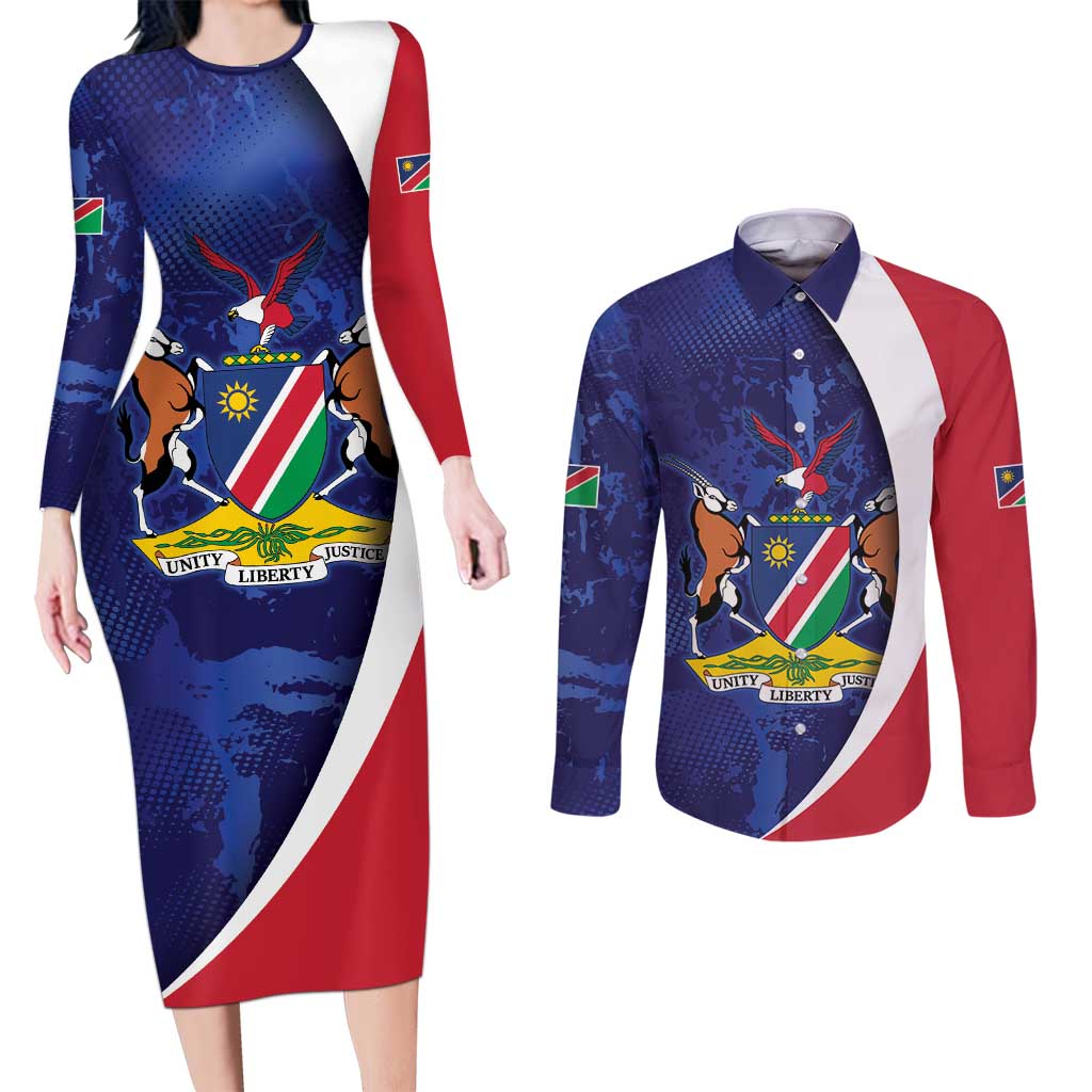 Namibia Cricket Custom Couples Matching Long Sleeve Bodycon Dress and Long Sleeve Button Shirt Coat of arms Namibian Pattern - Wonder Print Shop