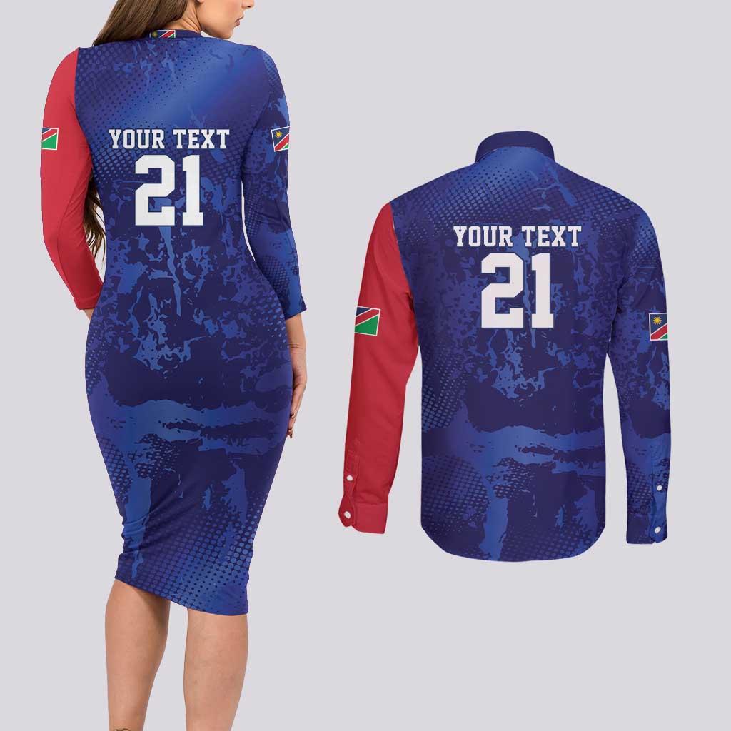 Namibia Cricket Custom Couples Matching Long Sleeve Bodycon Dress and Long Sleeve Button Shirt Coat of arms Namibian Pattern - Wonder Print Shop