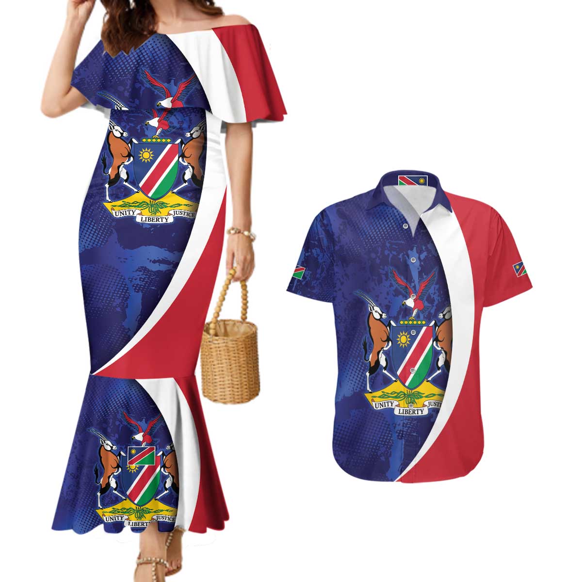 Namibia Cricket Custom Couples Matching Mermaid Dress and Hawaiian Shirt Coat of arms Namibian Pattern - Wonder Print Shop