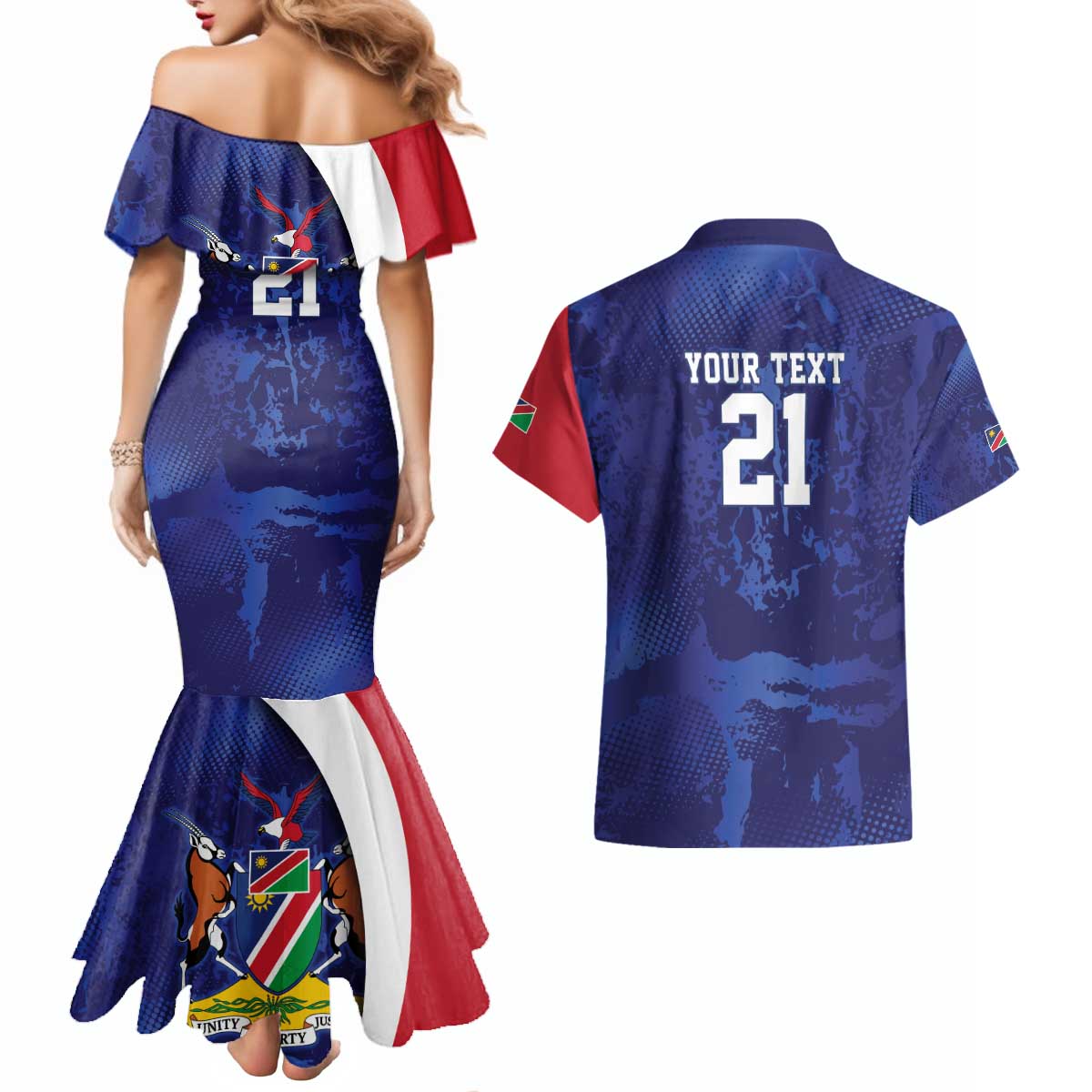 Namibia Cricket Custom Couples Matching Mermaid Dress and Hawaiian Shirt Coat of arms Namibian Pattern - Wonder Print Shop