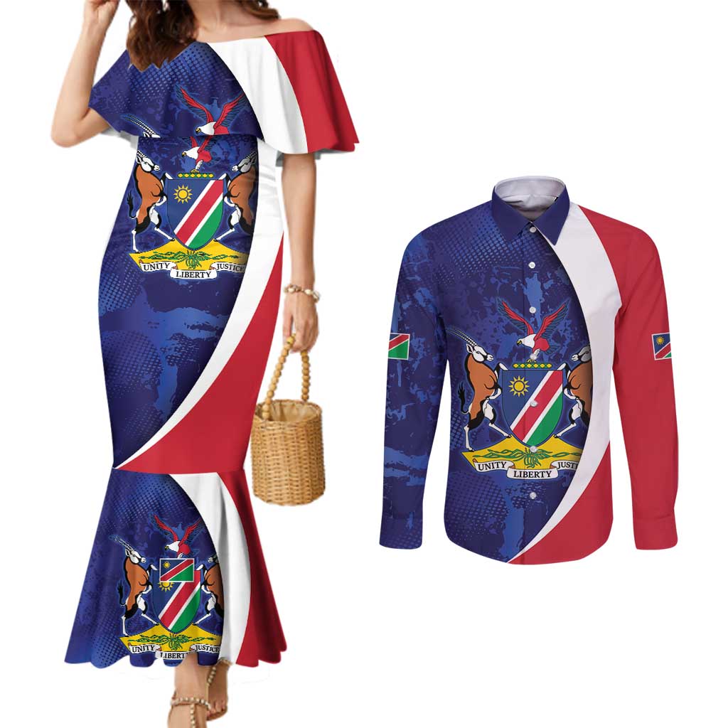 Namibia Cricket Custom Couples Matching Mermaid Dress and Long Sleeve Button Shirt Coat of arms Namibian Pattern - Wonder Print Shop