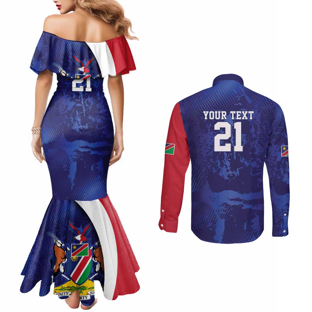 Namibia Cricket Custom Couples Matching Mermaid Dress and Long Sleeve Button Shirt Coat of arms Namibian Pattern - Wonder Print Shop