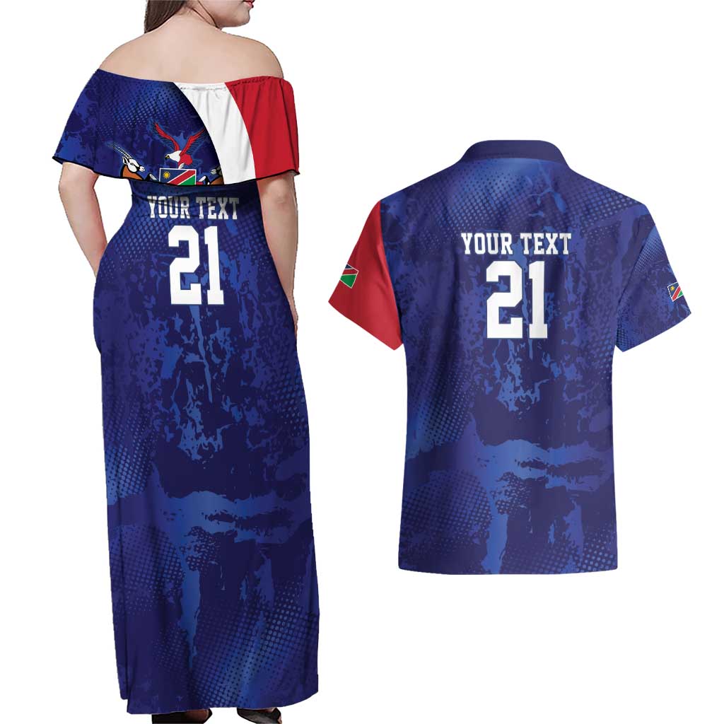 Namibia Cricket Custom Couples Matching Off Shoulder Maxi Dress and Hawaiian Shirt Coat of arms Namibian Pattern - Wonder Print Shop