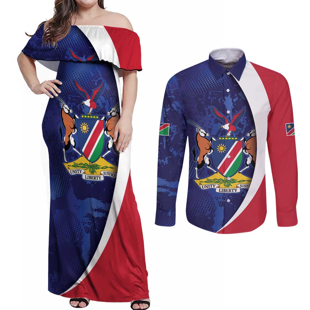 Namibia Cricket Custom Couples Matching Off Shoulder Maxi Dress and Long Sleeve Button Shirt Coat of arms Namibian Pattern - Wonder Print Shop