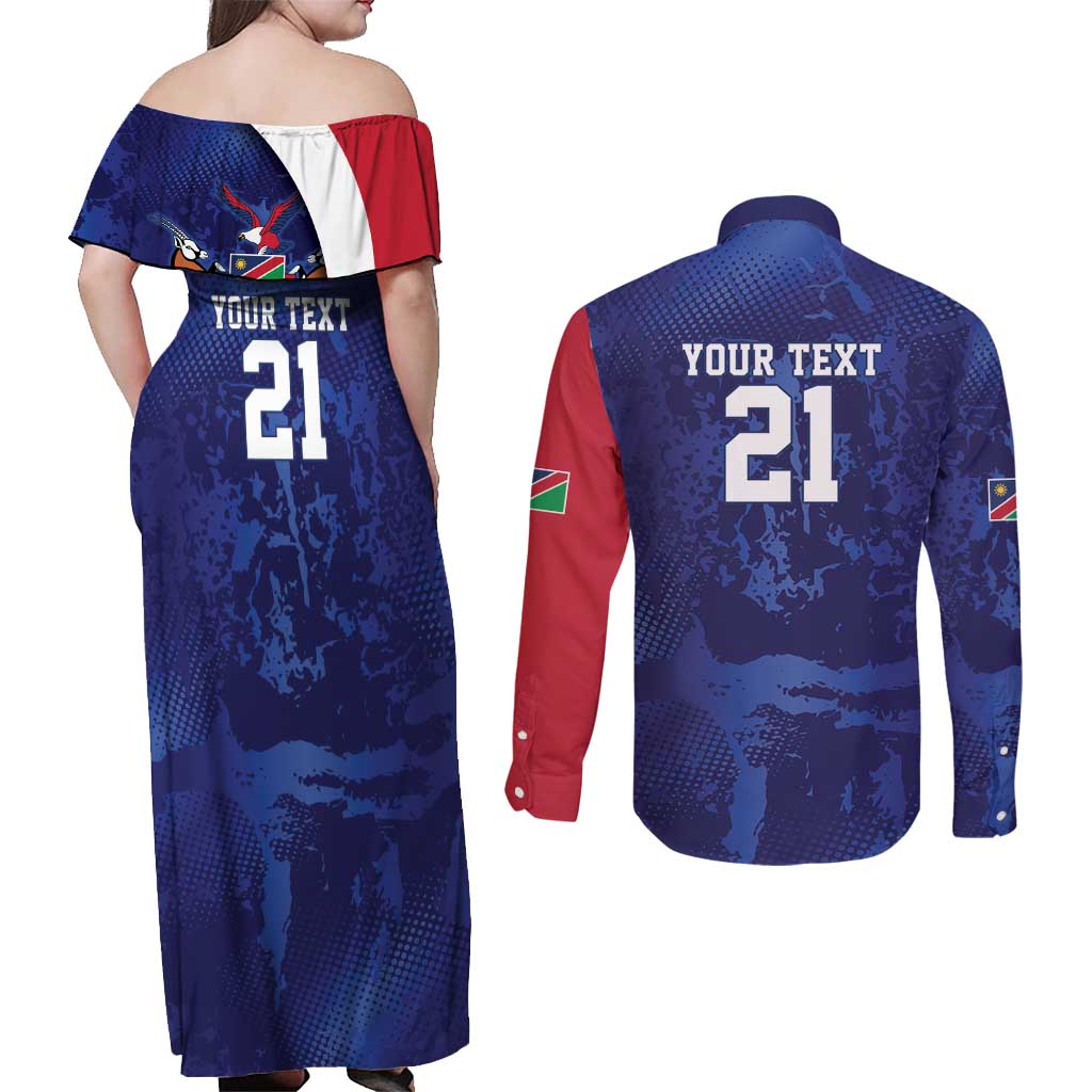 Namibia Cricket Custom Couples Matching Off Shoulder Maxi Dress and Long Sleeve Button Shirt Coat of arms Namibian Pattern - Wonder Print Shop