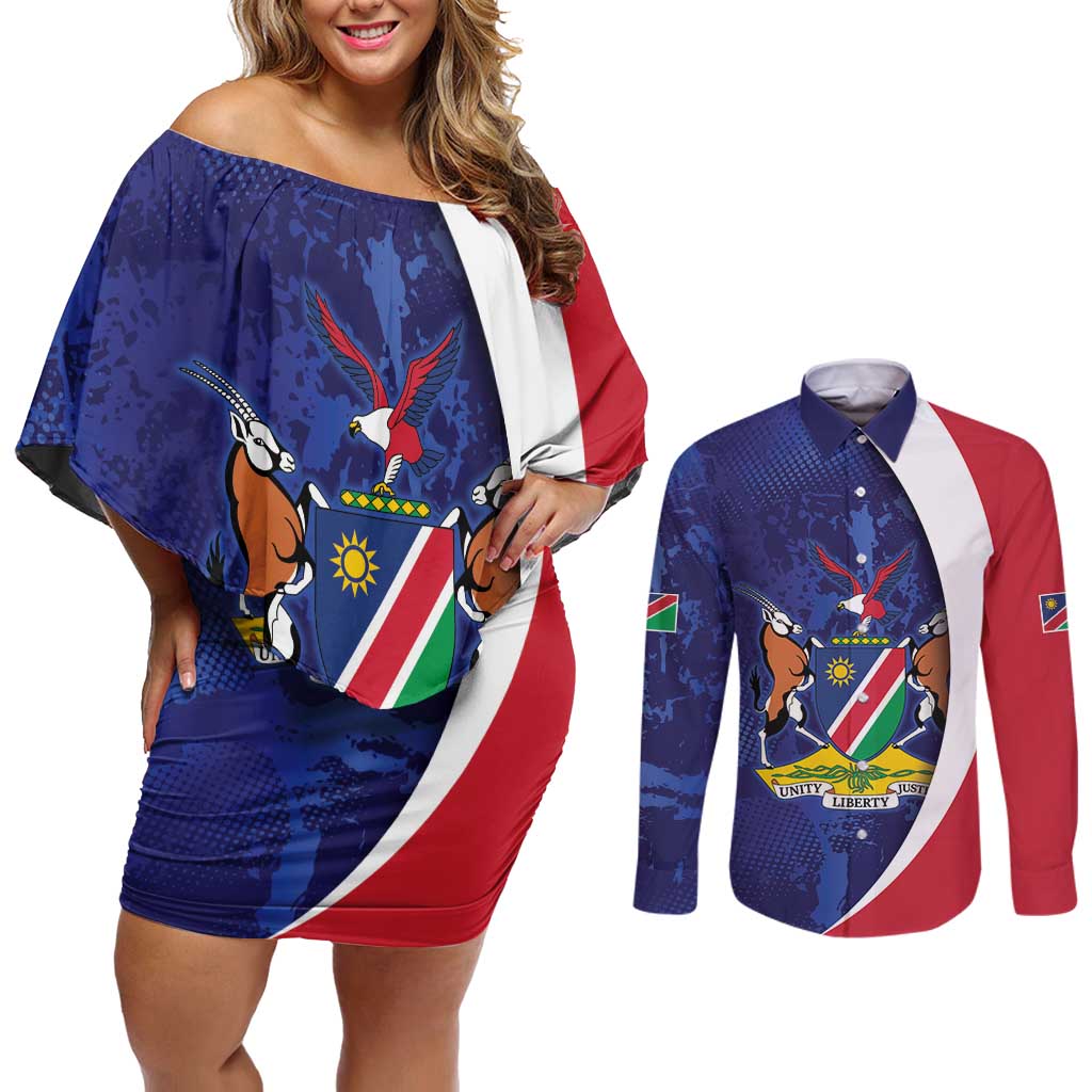 Namibia Cricket Custom Couples Matching Off Shoulder Short Dress and Long Sleeve Button Shirt Coat of arms Namibian Pattern - Wonder Print Shop