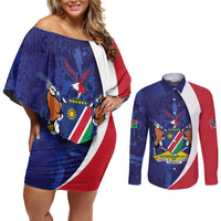 Namibia Cricket Custom Couples Matching Off Shoulder Short Dress and Long Sleeve Button Shirt Coat of arms Namibian Pattern - Wonder Print Shop