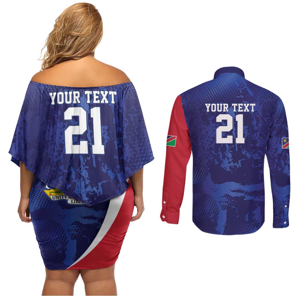 Namibia Cricket Custom Couples Matching Off Shoulder Short Dress and Long Sleeve Button Shirt Coat of arms Namibian Pattern - Wonder Print Shop