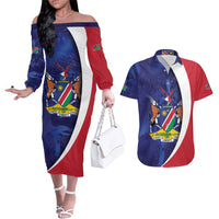 Namibia Cricket Custom Couples Matching Off The Shoulder Long Sleeve Dress and Hawaiian Shirt Coat of arms Namibian Pattern - Wonder Print Shop