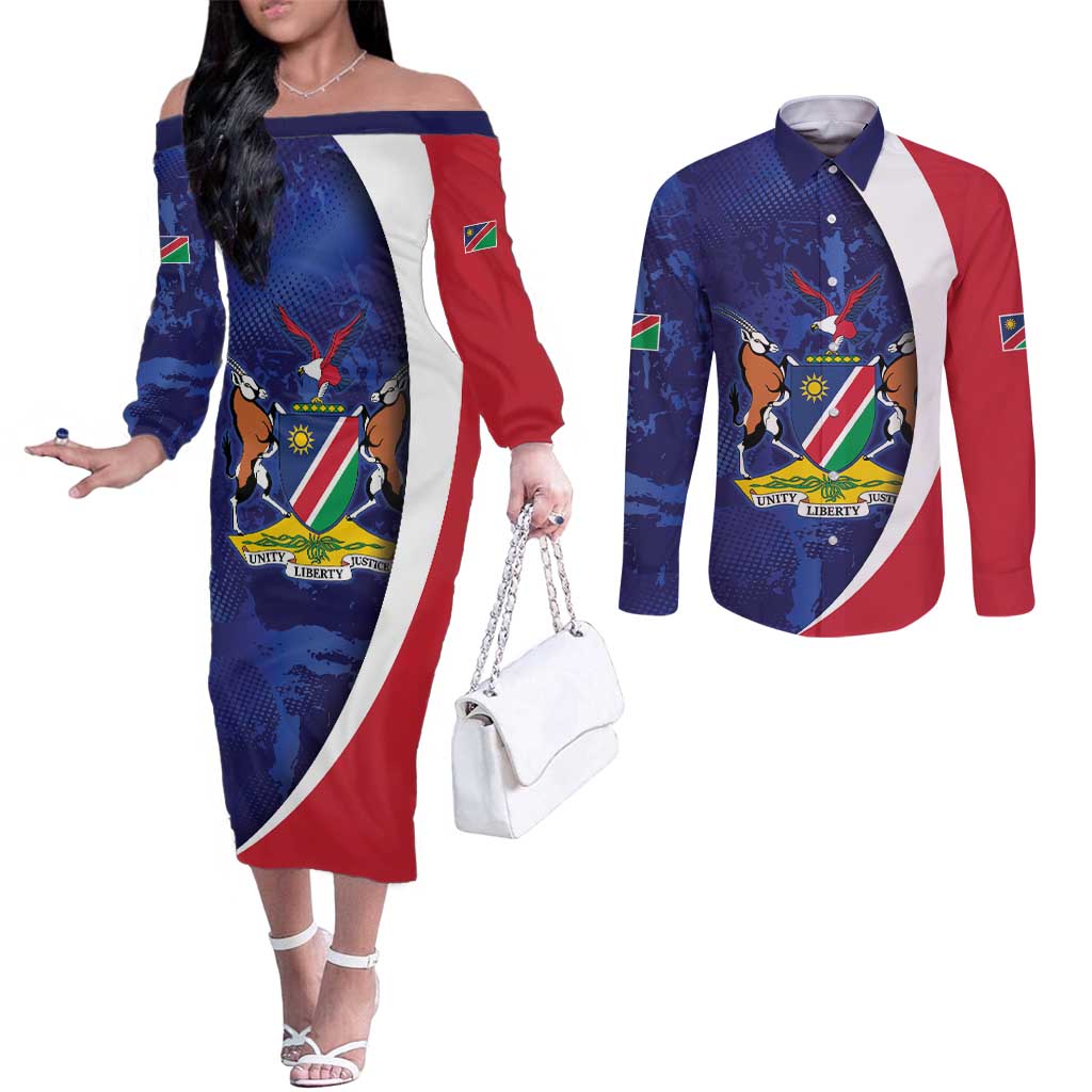 Namibia Cricket Custom Couples Matching Off The Shoulder Long Sleeve Dress and Long Sleeve Button Shirt Coat of arms Namibian Pattern - Wonder Print Shop