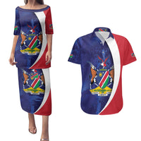 Namibia Cricket Custom Couples Matching Puletasi and Hawaiian Shirt Coat of arms Namibian Pattern - Wonder Print Shop