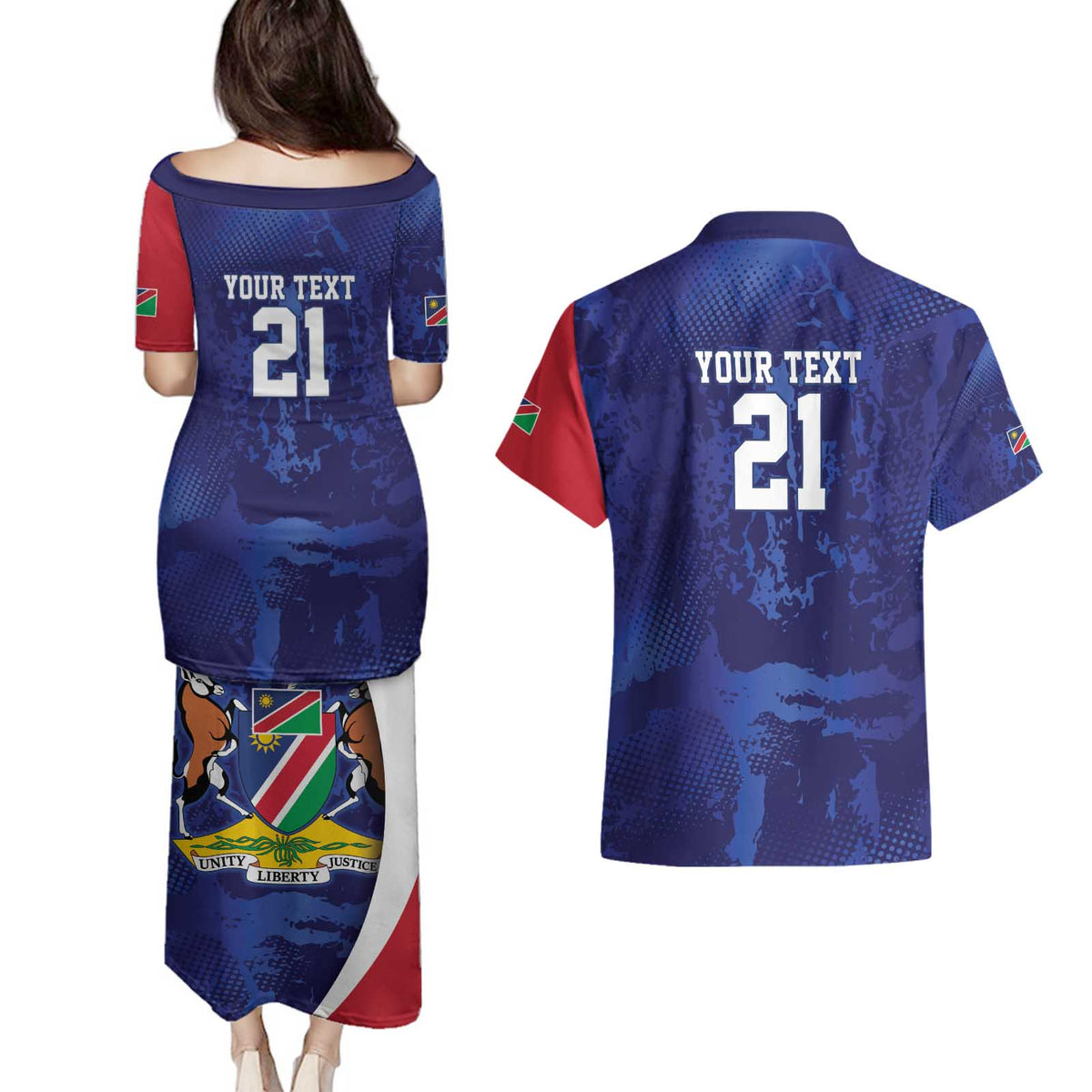 Namibia Cricket Custom Couples Matching Puletasi and Hawaiian Shirt Coat of arms Namibian Pattern - Wonder Print Shop