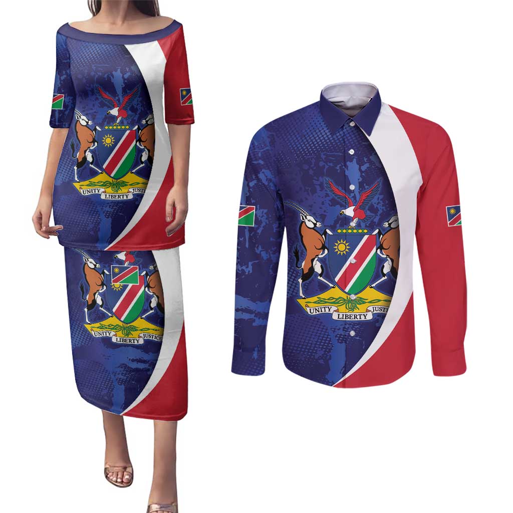 Namibia Cricket Custom Couples Matching Puletasi and Long Sleeve Button Shirt Coat of arms Namibian Pattern - Wonder Print Shop