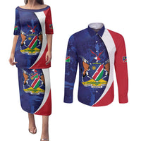 Namibia Cricket Custom Couples Matching Puletasi and Long Sleeve Button Shirt Coat of arms Namibian Pattern - Wonder Print Shop