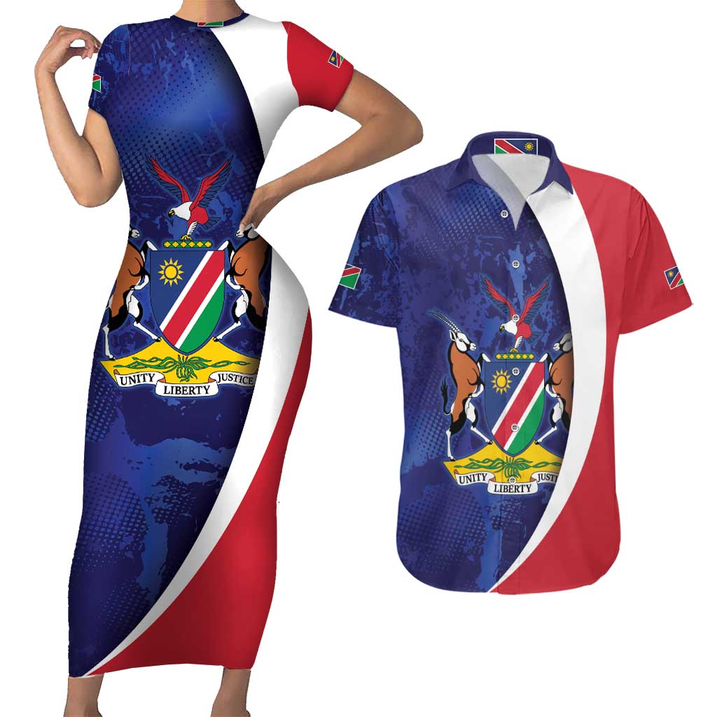Namibia Cricket Custom Couples Matching Short Sleeve Bodycon Dress and Hawaiian Shirt Coat of arms Namibian Pattern - Wonder Print Shop