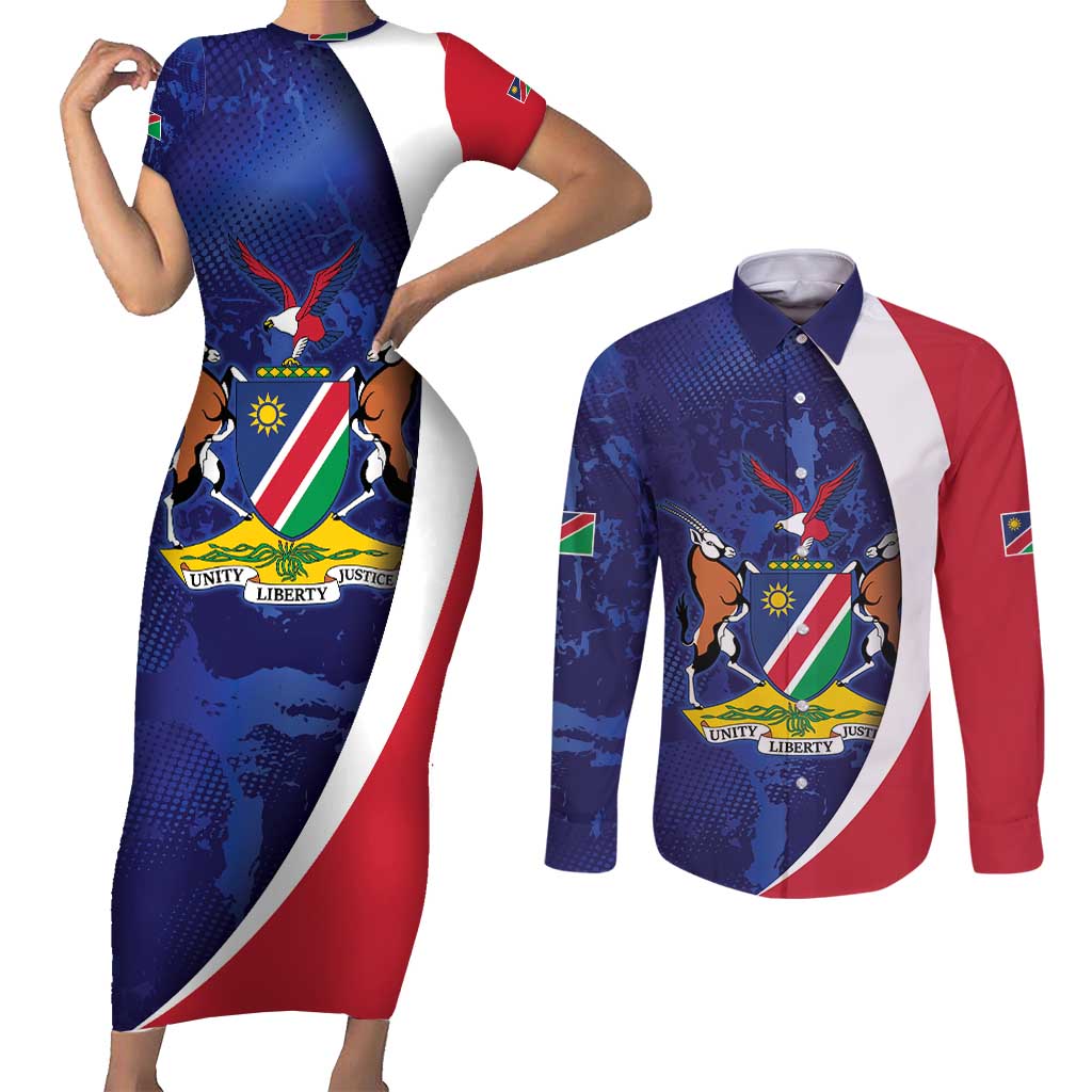 Namibia Cricket Custom Couples Matching Short Sleeve Bodycon Dress and Long Sleeve Button Shirt Coat of arms Namibian Pattern - Wonder Print Shop