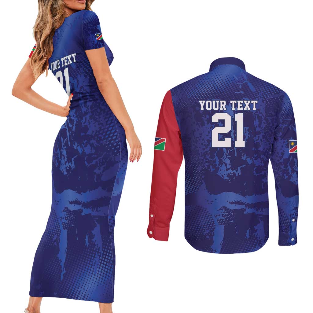 Namibia Cricket Custom Couples Matching Short Sleeve Bodycon Dress and Long Sleeve Button Shirt Coat of arms Namibian Pattern - Wonder Print Shop
