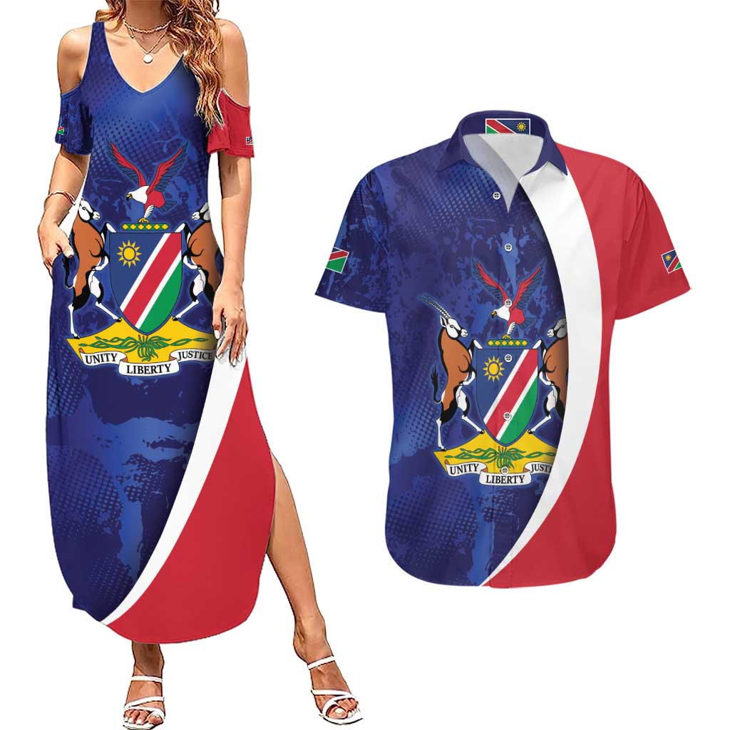 Namibia Cricket Custom Couples Matching Summer Maxi Dress and Hawaiian Shirt Coat of arms Namibian Pattern - Wonder Print Shop