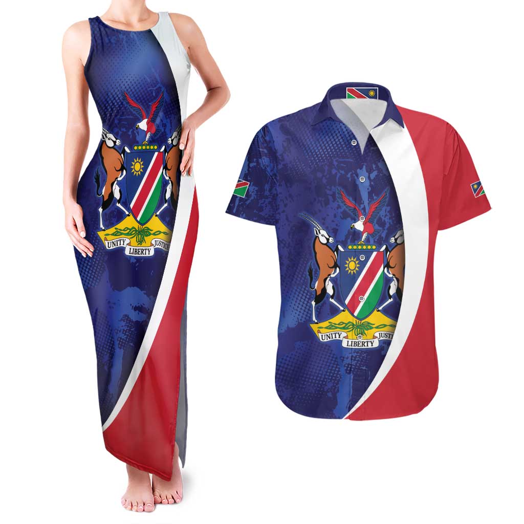Namibia Cricket Custom Couples Matching Tank Maxi Dress and Hawaiian Shirt Coat of arms Namibian Pattern - Wonder Print Shop